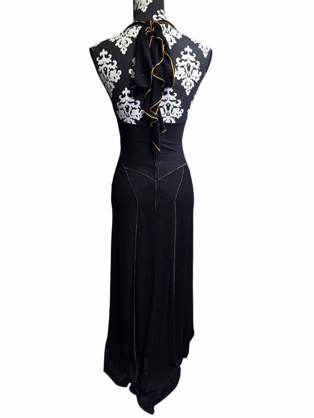 Small Vintage Black Halter Flapper Dress Embroidered Flower Ruffle Tie FLAWED - Picture 2 of 4